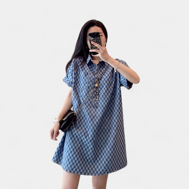 Women's Oversized Checkered Denim Shirt Dress, Short Sleeve
