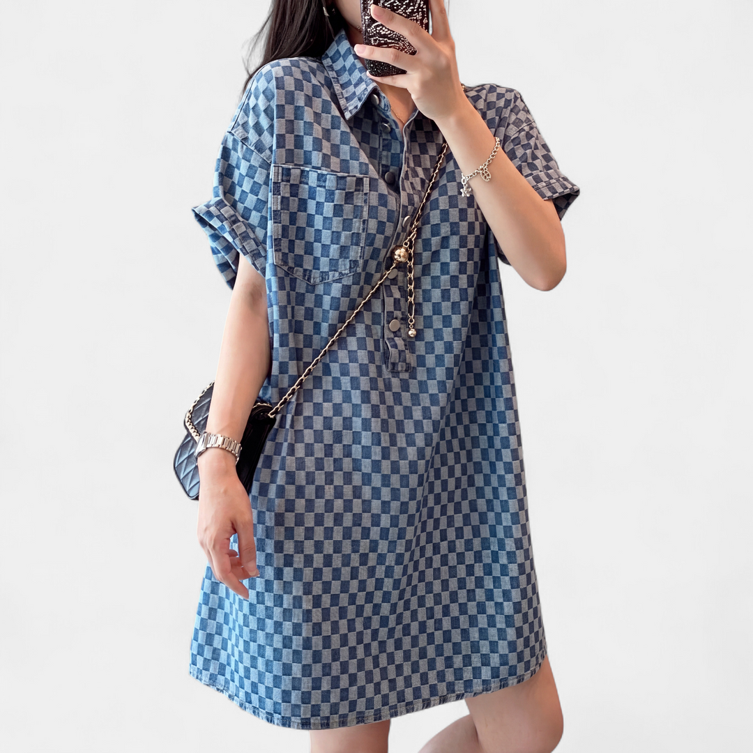 Women's Oversized Checkered Denim Shirt Dress, Short Sleeve