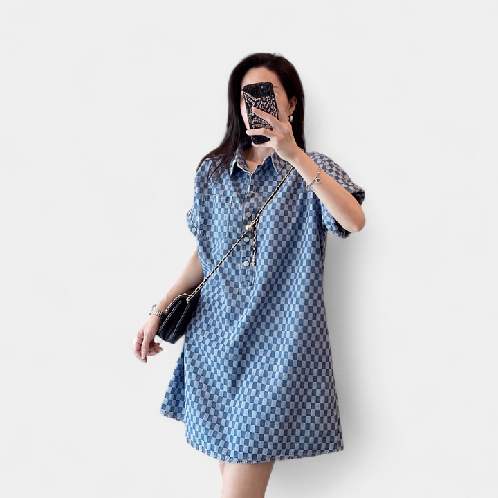 Women's Oversized Checkered Denim Shirt Dress, Short Sleeve