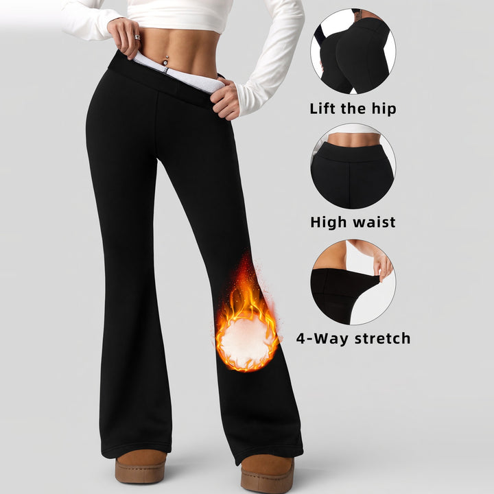 Black fleece lined flare leggings features: lift the hip, high waist, 4-way stretch