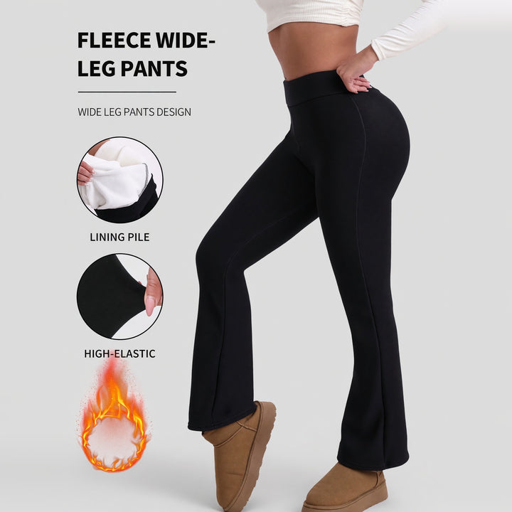 Black fleece lined wide leg pants: fleece lining pile and high elastic fabric