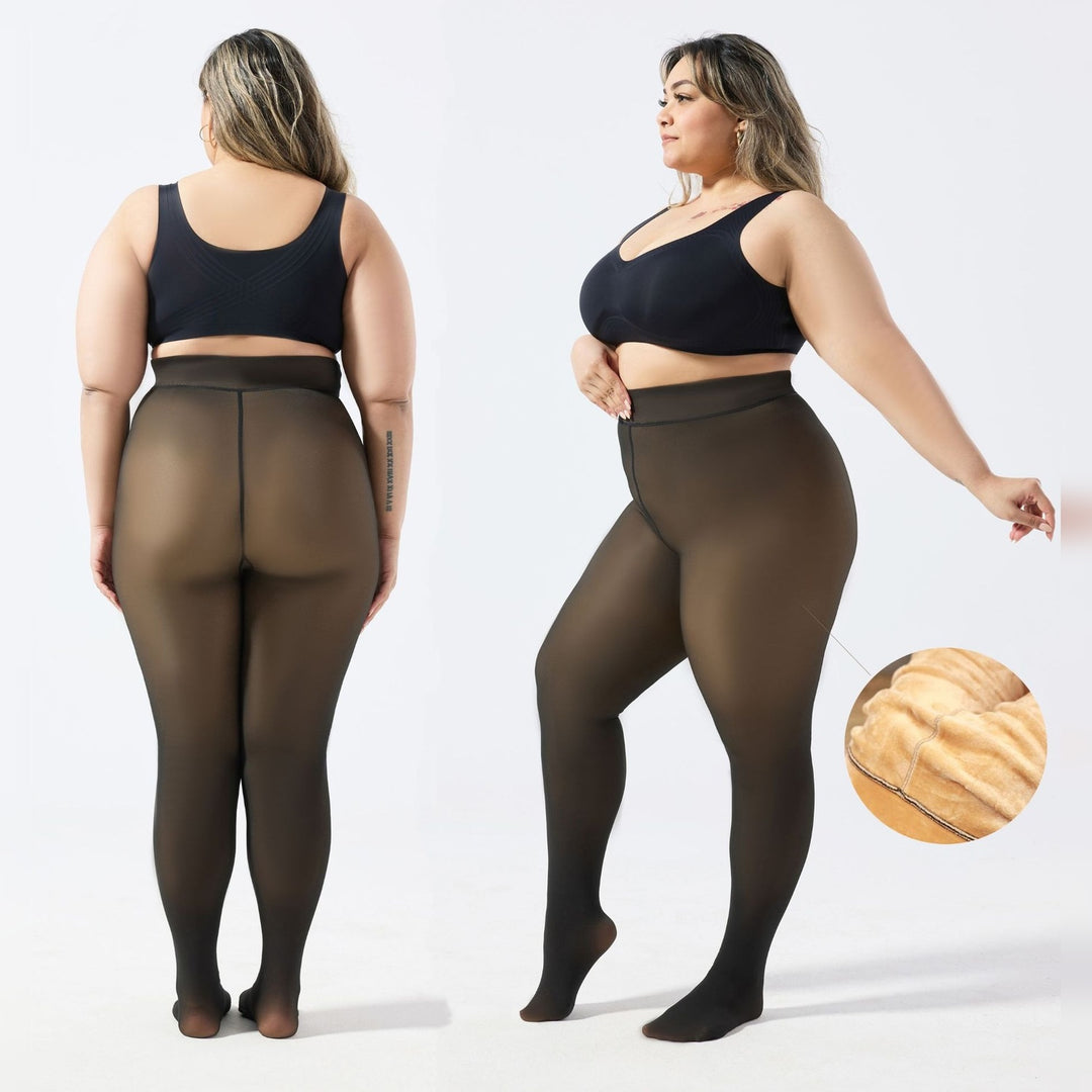 Plus size sheer fleece lined tights front and back view