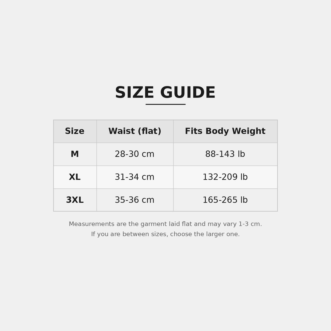 Size guide: waist measurement and body weight range