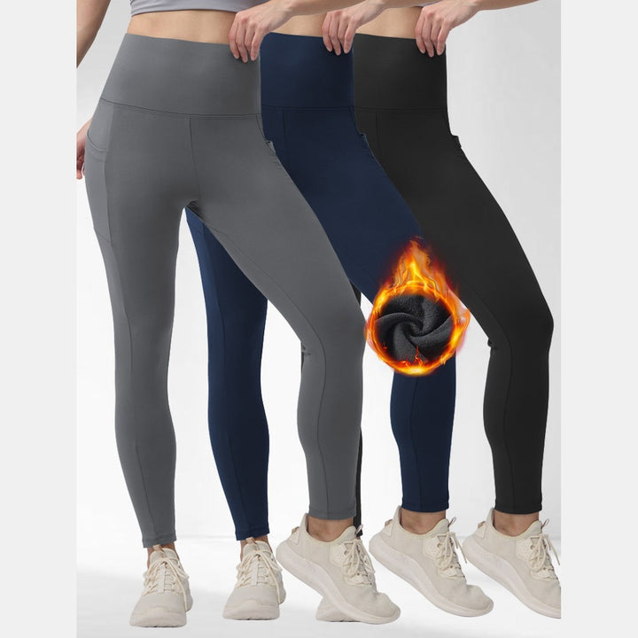 Fleece lined pocket leggings shown in grey, navy and black