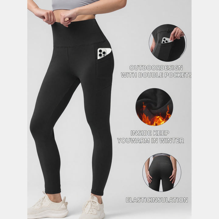 Fleece lined leggings features: double pockets, warm fleece interior, elastic insulation