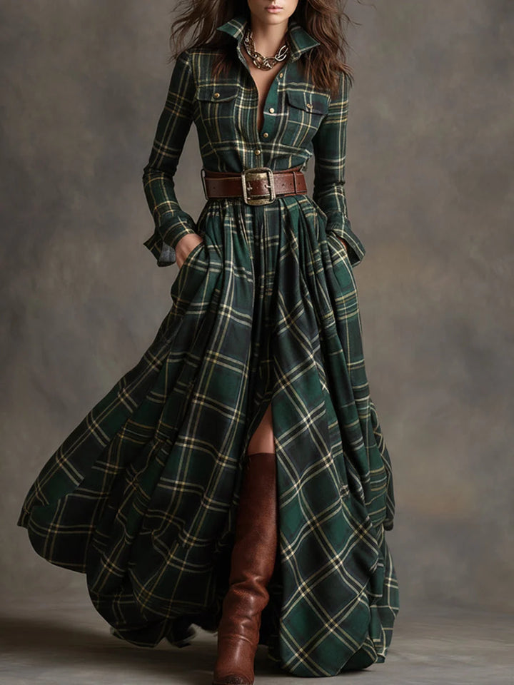 Women's Long Sleeve Maxi Dress in green plaid