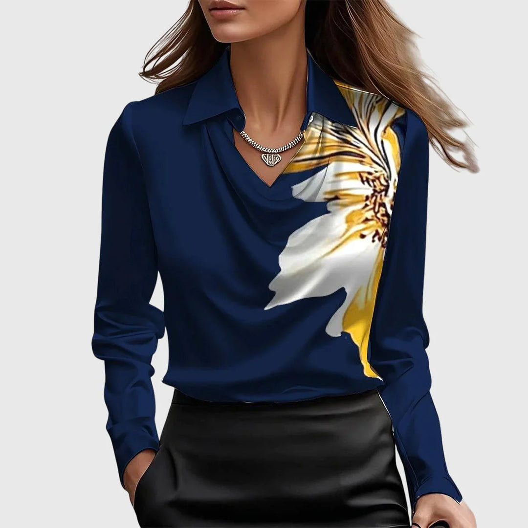 Women's Satin Long Sleeve Blouse in navy floral
