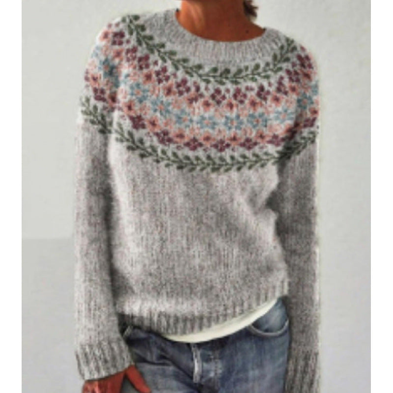 Women's Fair Isle Knit Sweater in grey floral