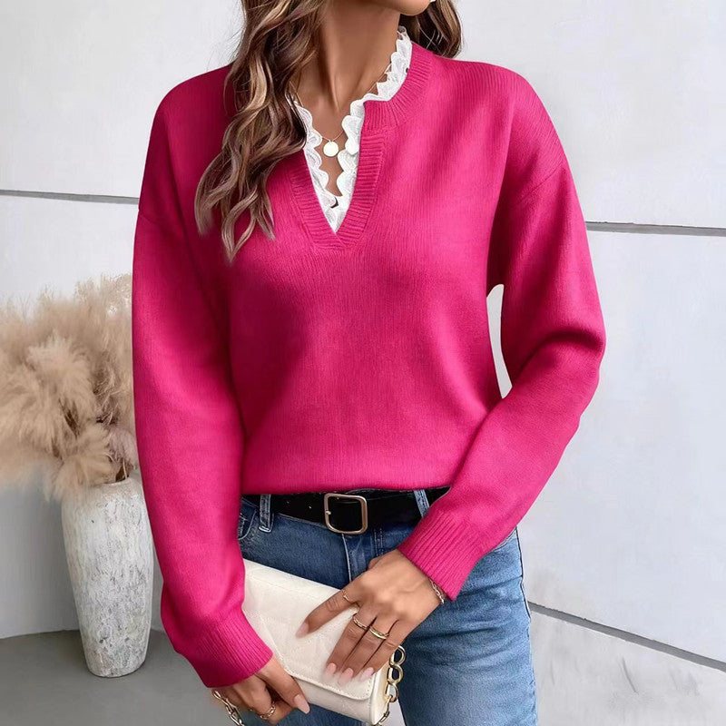 Women's Lace Trim V Neck Sweater in hot pink