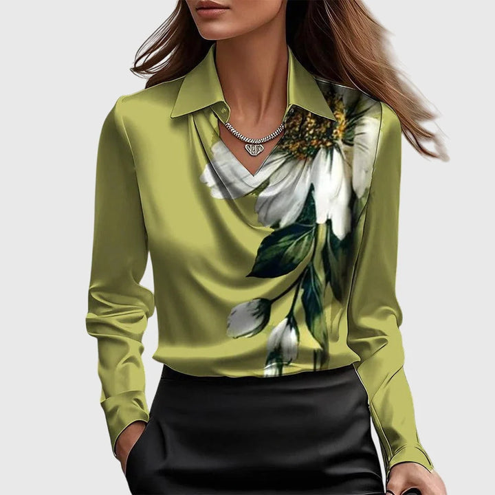 Women's Satin Long Sleeve Blouse in green floral