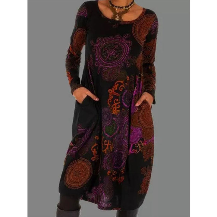 Women's Midi Long Sleeve Dress in black purple print