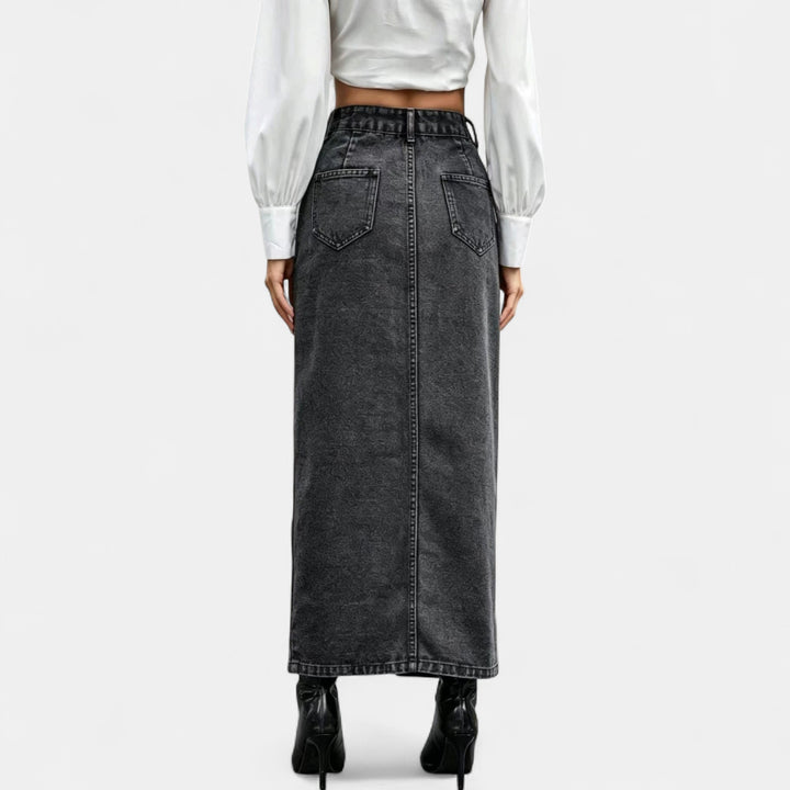 Women's Button Front Denim Pencil Maxi Skirt, High Waisted