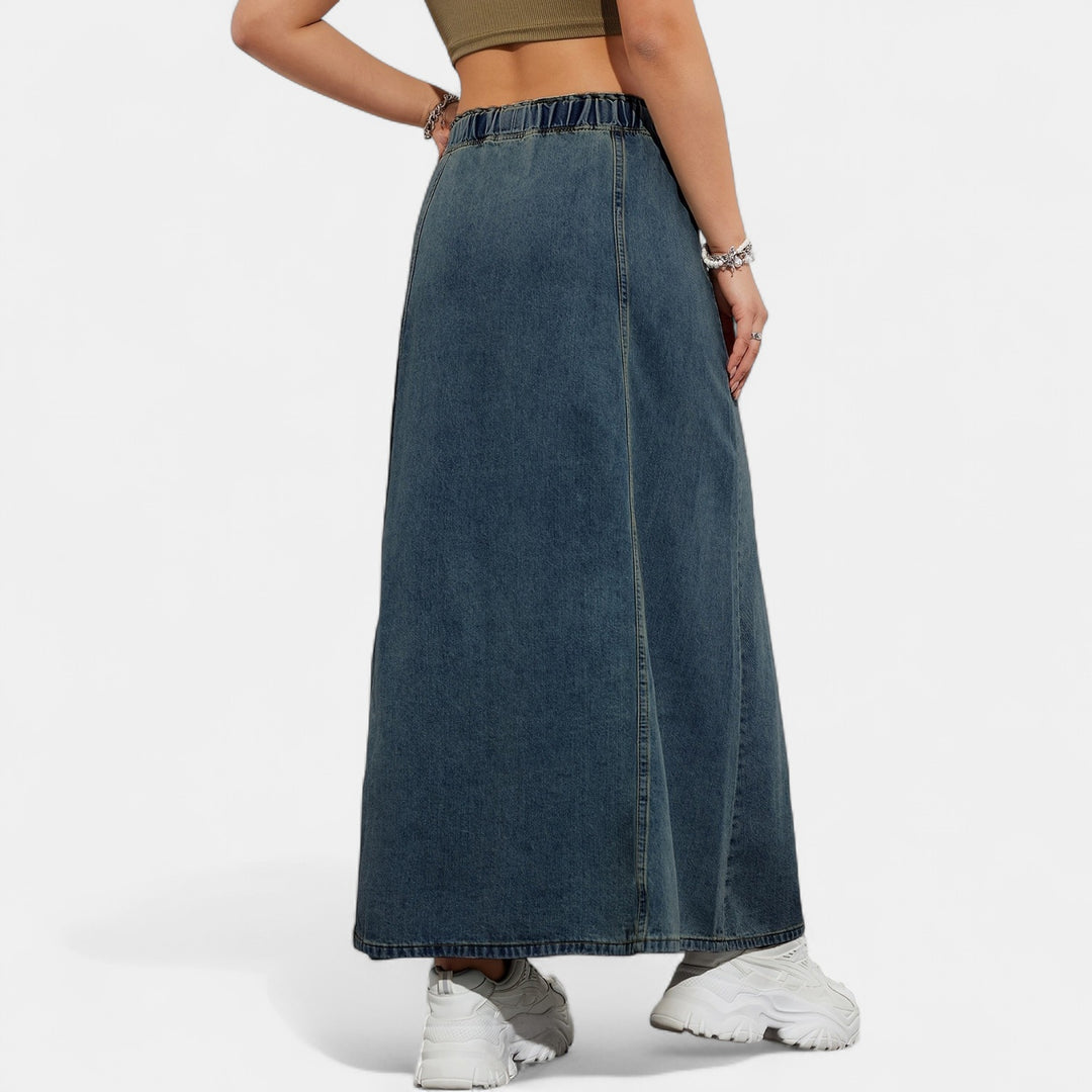 Women's A Line Denim Maxi Skirt, Drawstring Elasticated Waist