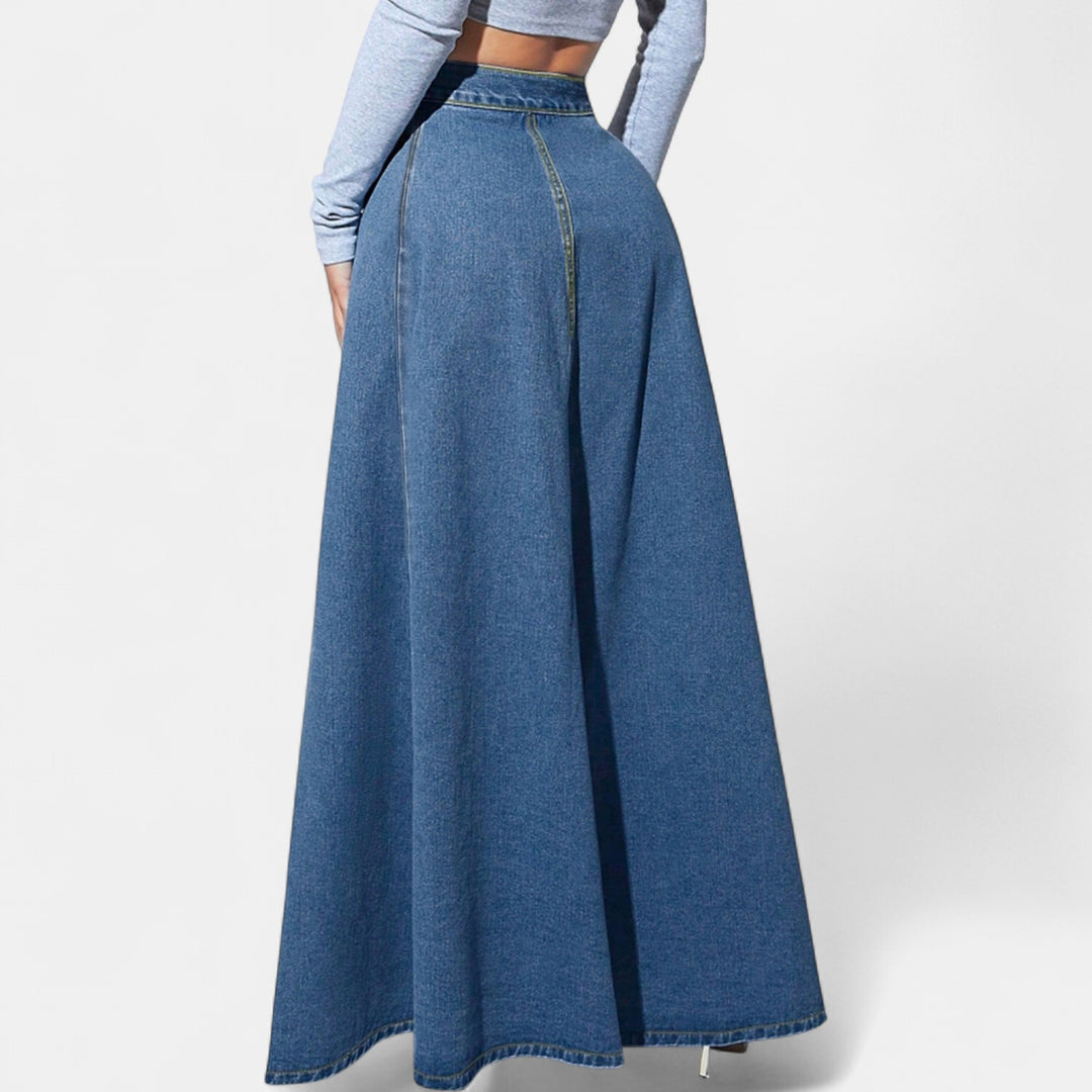 Women's High Waisted A Line Denim Maxi Skirt, Button Front