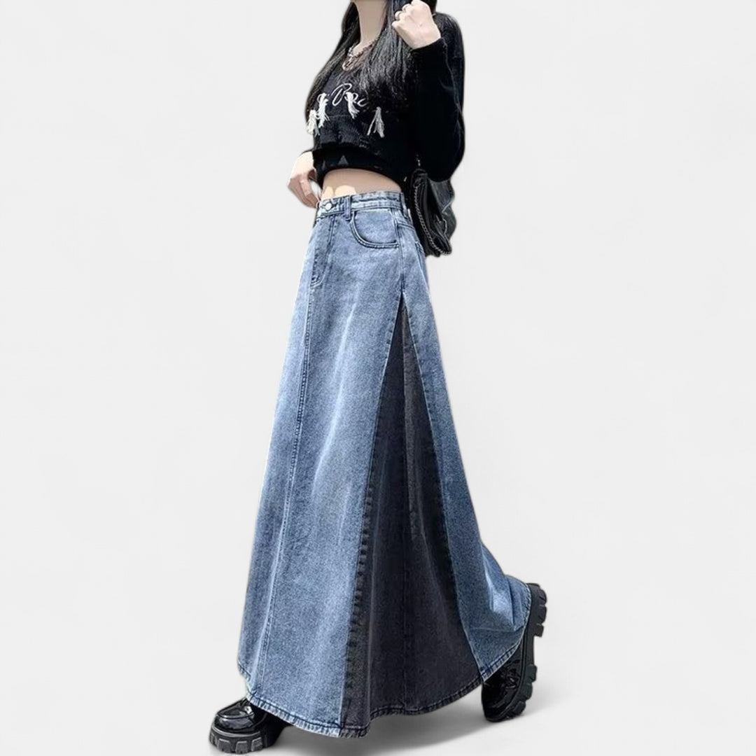 Women's High Waisted Pencil Denim Maxi Skirt, Two Tone Colorblock