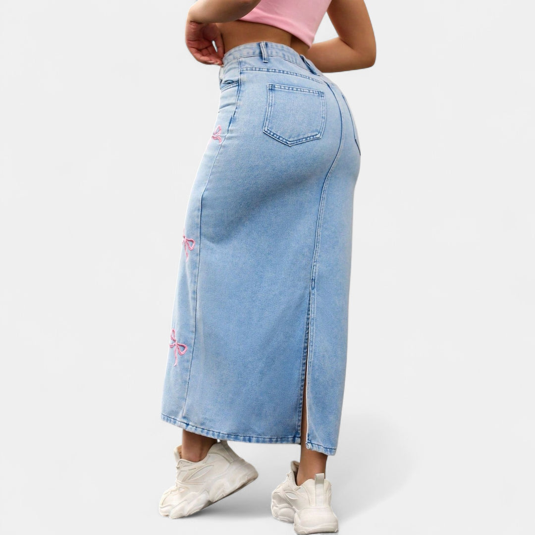 Women's Bow Embroidered High Waisted Denim Maxi Skirt