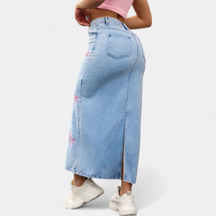Women's Bow Embroidered High Waisted Denim Maxi Skirt