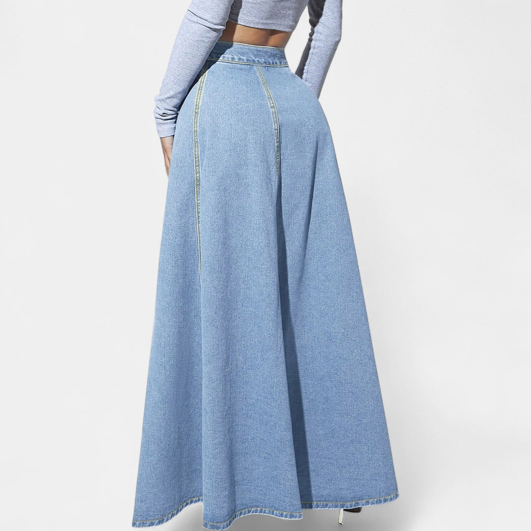 Women's High Waisted A Line Denim Maxi Skirt, Button Front