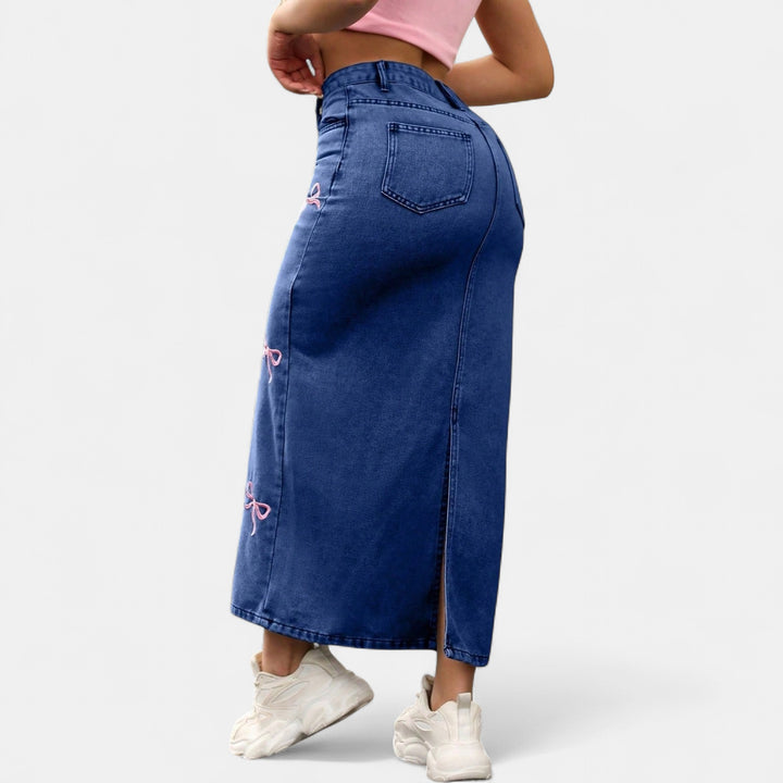 Women's Bow Embroidered High Waisted Denim Maxi Skirt