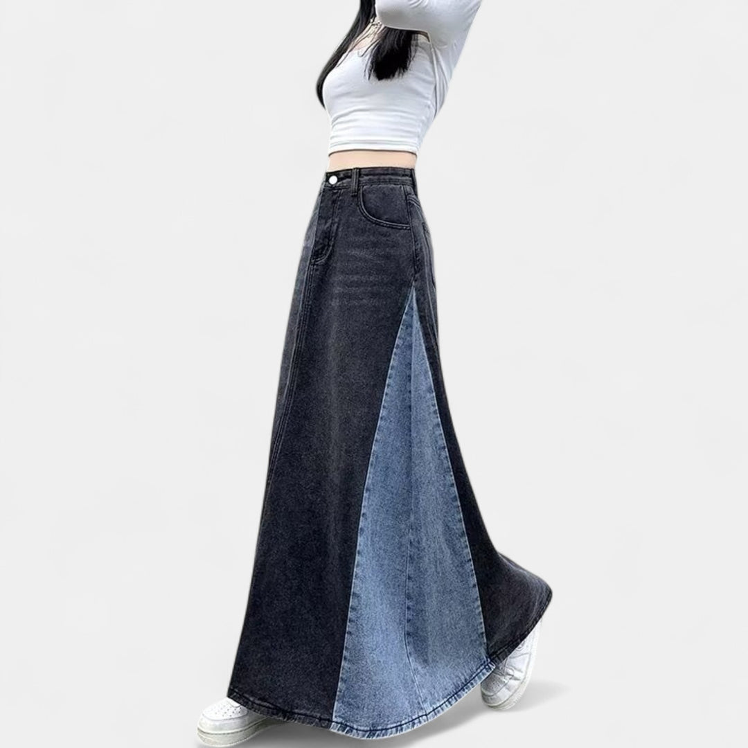 Women's High Waisted Pencil Denim Maxi Skirt, Two Tone Colorblock