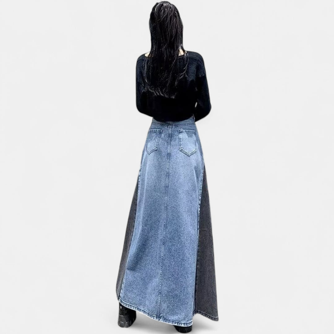 Women's High Waisted Pencil Denim Maxi Skirt, Two Tone Colorblock