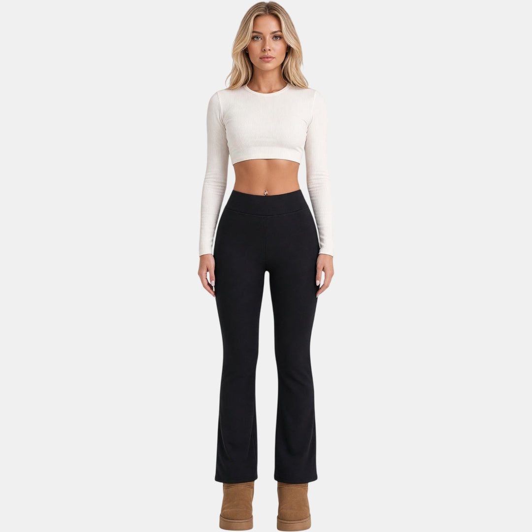 Black fleece lined flare leggings front view