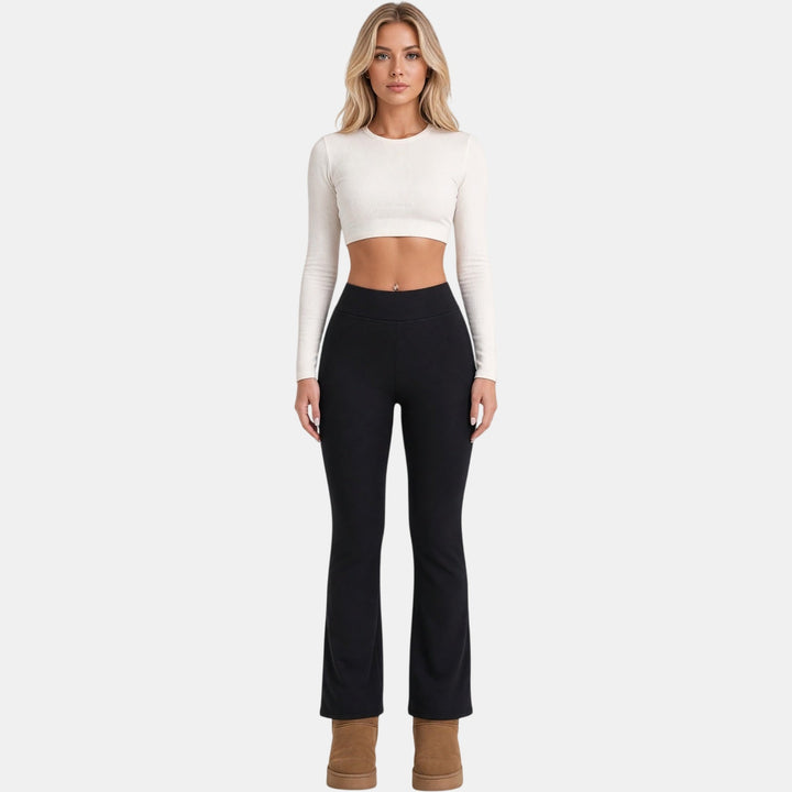 Black fleece lined flare leggings front view
