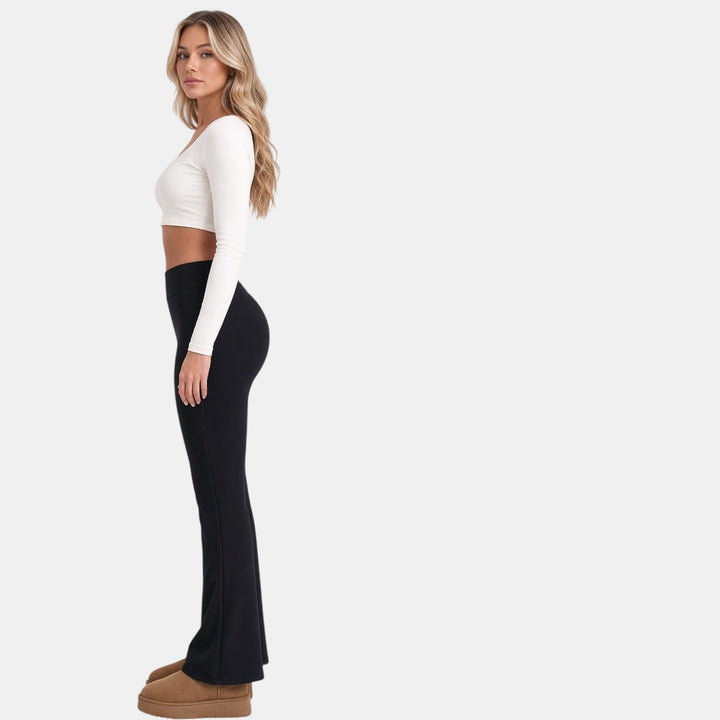 Black fleece lined flare leggings side view