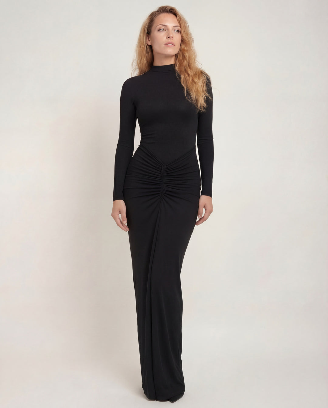 Avery | Ruched Mock Neck Maxi Dress