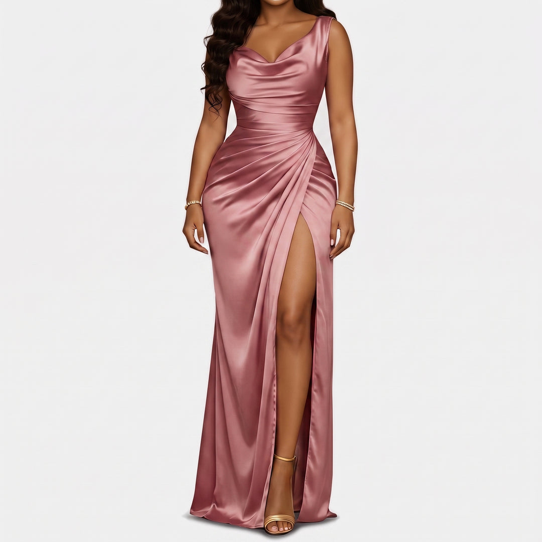 Women's Mermaid Satin Homecoming Dress, Cowl Neck High Slit