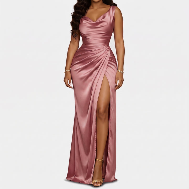Women's Mermaid Satin Homecoming Dress, Cowl Neck High Slit
