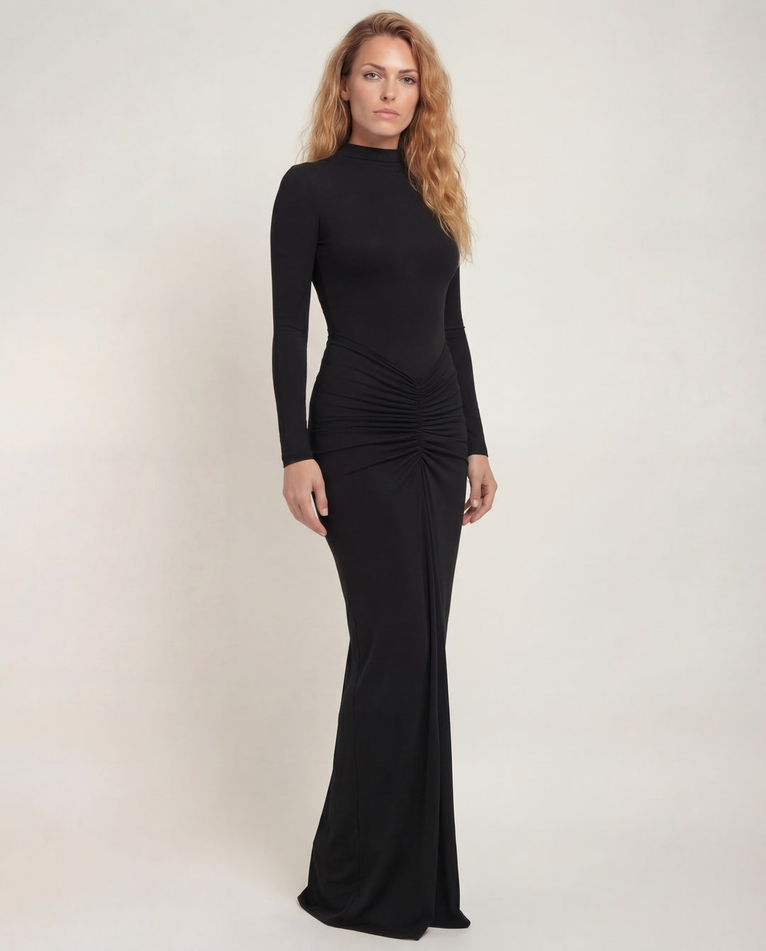 Avery | Ruched Mock Neck Maxi Dress