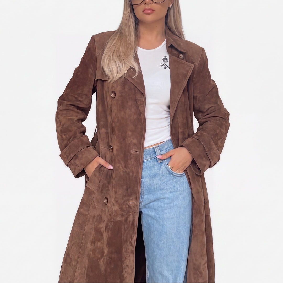 Women's Long Suede Trench Coat, Belted Waist Button Front