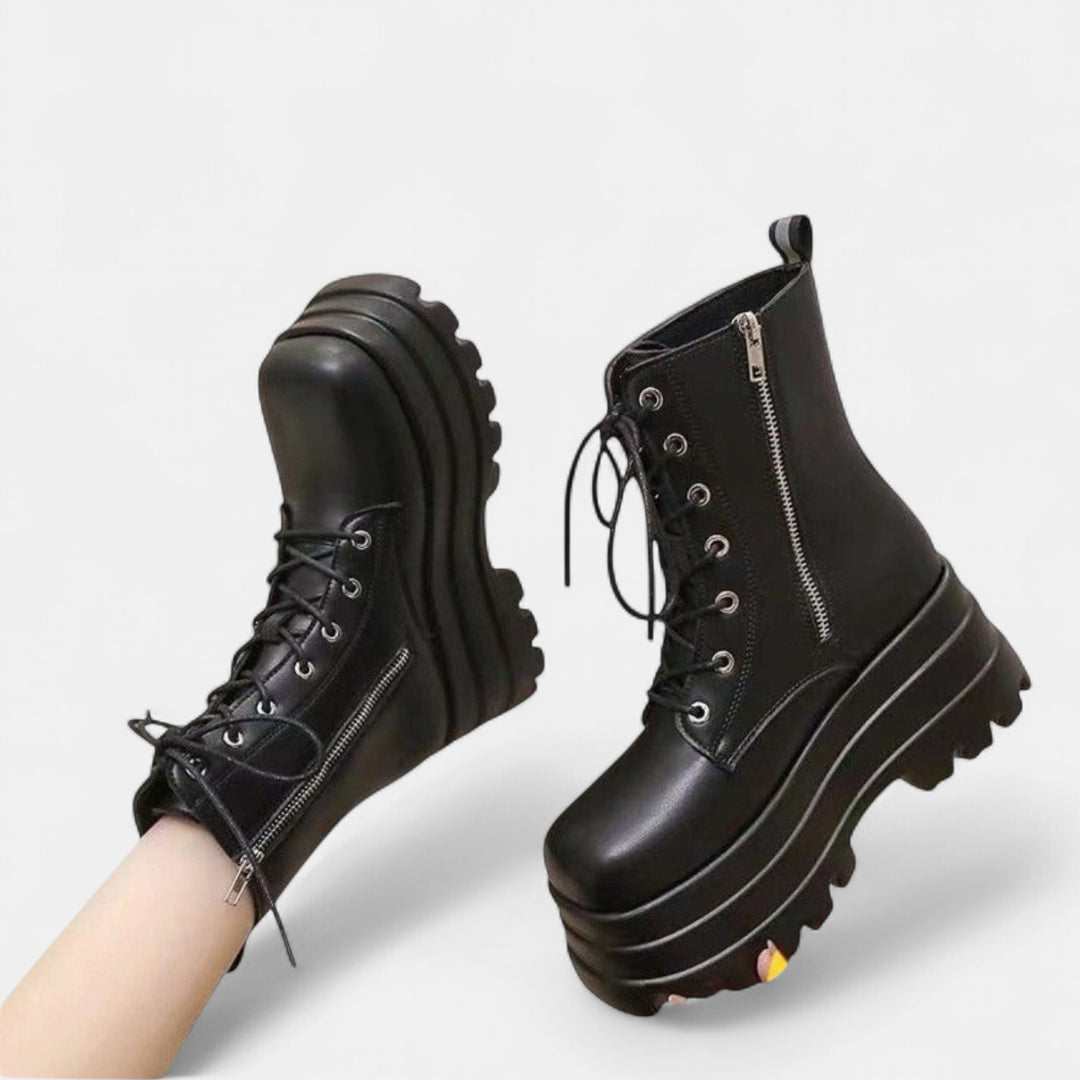 Women's Combat Platform Ankle Boots, Chunky Lace Up Goth