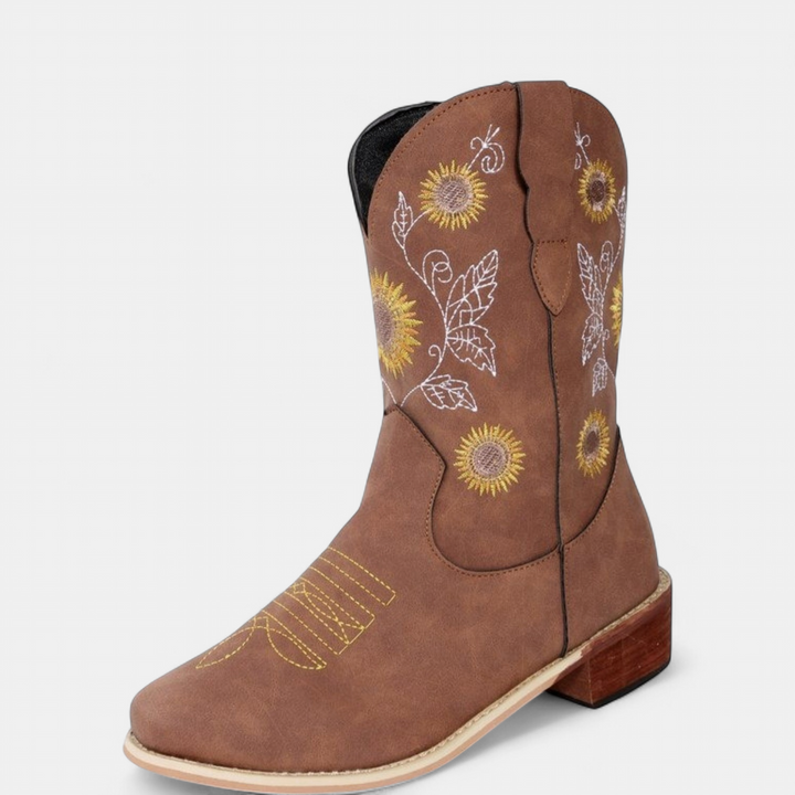 Women's Cowboy Boots, Square Toe Sunflower Embroidered
