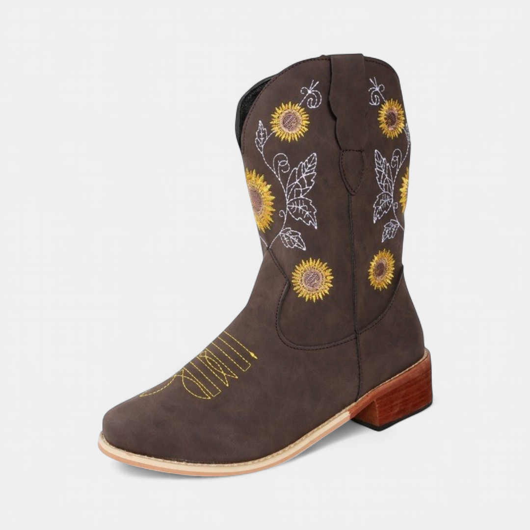Women's Cowboy Boots, Square Toe Sunflower Embroidered