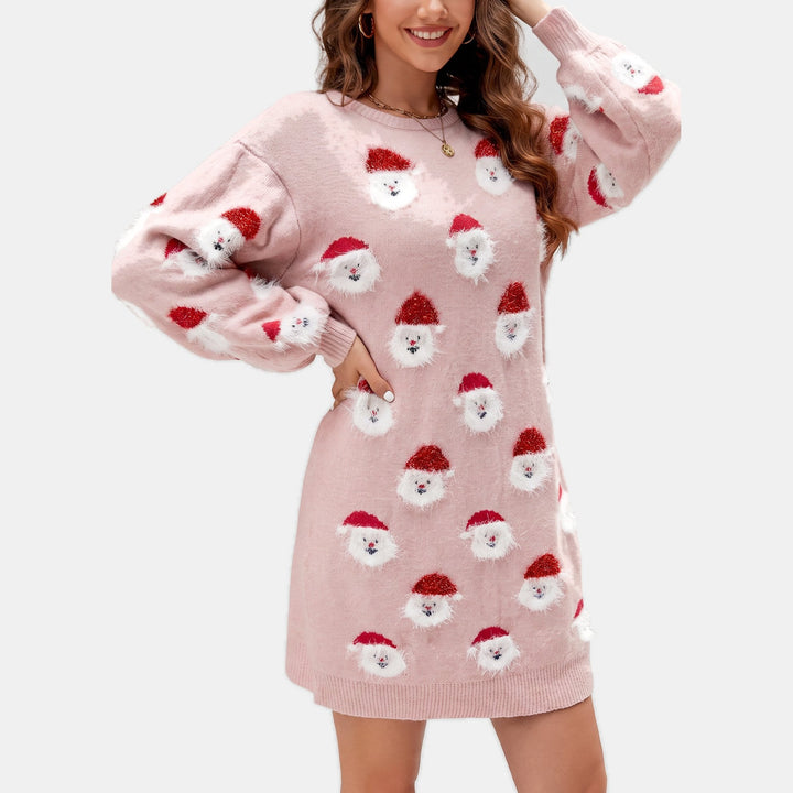 Women's Holiday Party Pink Santa Print Sweater Dress, Long Sleeve