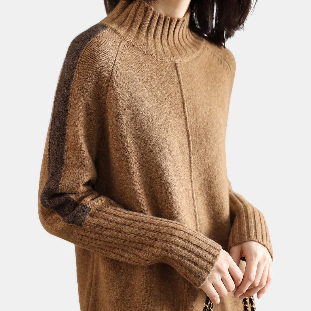 Women's Long Sleeve Oversized Mock Neck Sweater Dress, Ribbed Trim