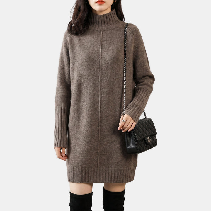 Women's Long Sleeve Oversized Mock Neck Sweater Dress, Ribbed Trim