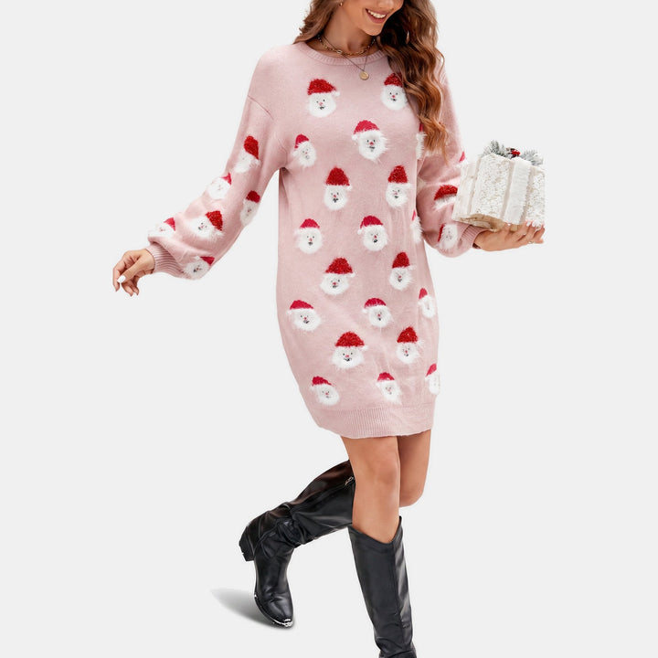 Women's Holiday Party Pink Santa Print Sweater Dress, Long Sleeve