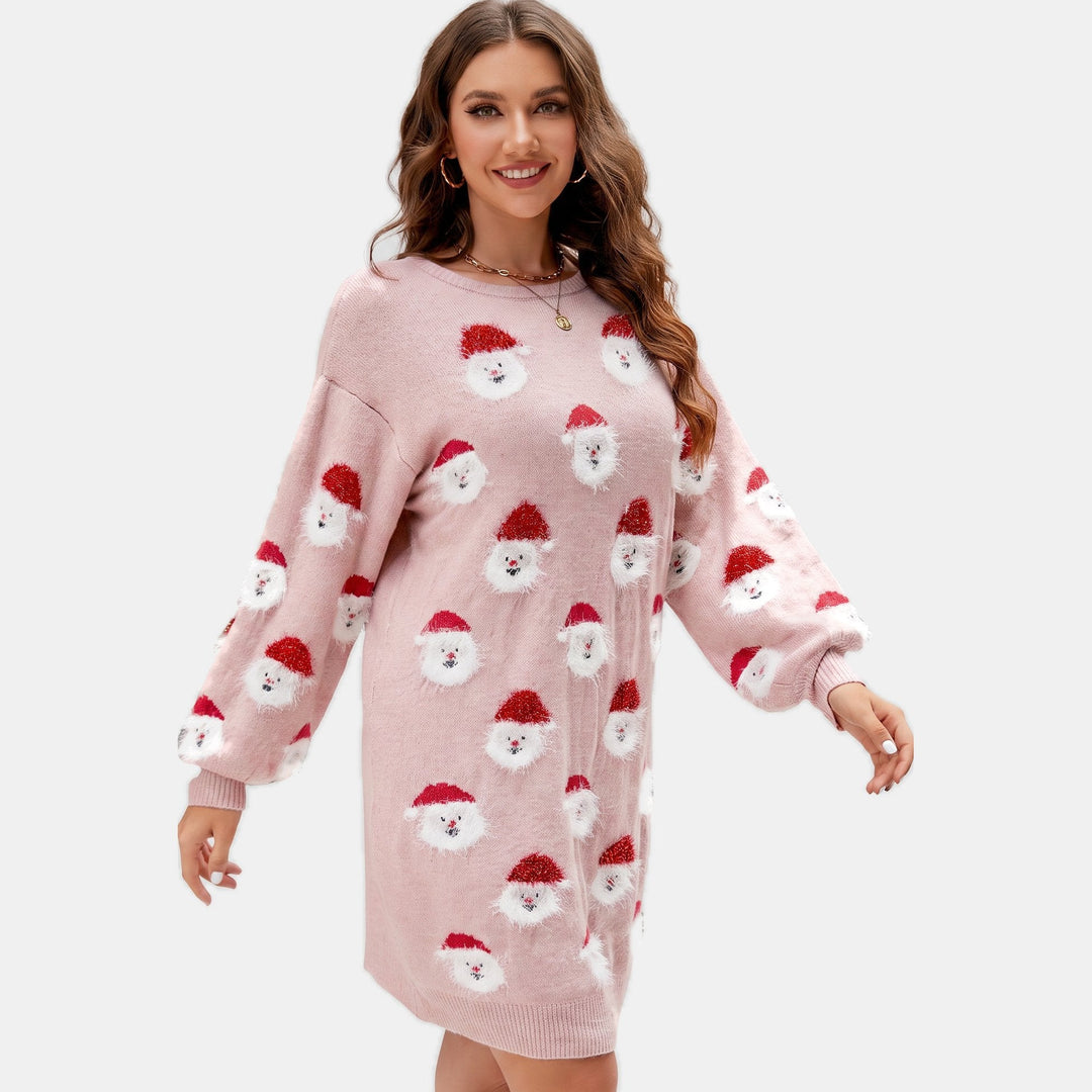 Women's Holiday Party Pink Santa Print Sweater Dress, Long Sleeve