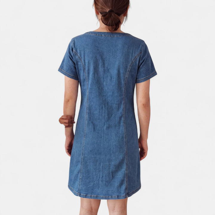 Women's Denim Midi Dress, Short Sleeve V Neck Shift