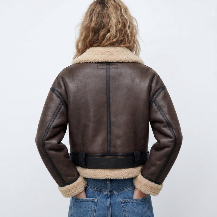 TALIA | Women's Fluffy Shearling Leather Bomber Jacket